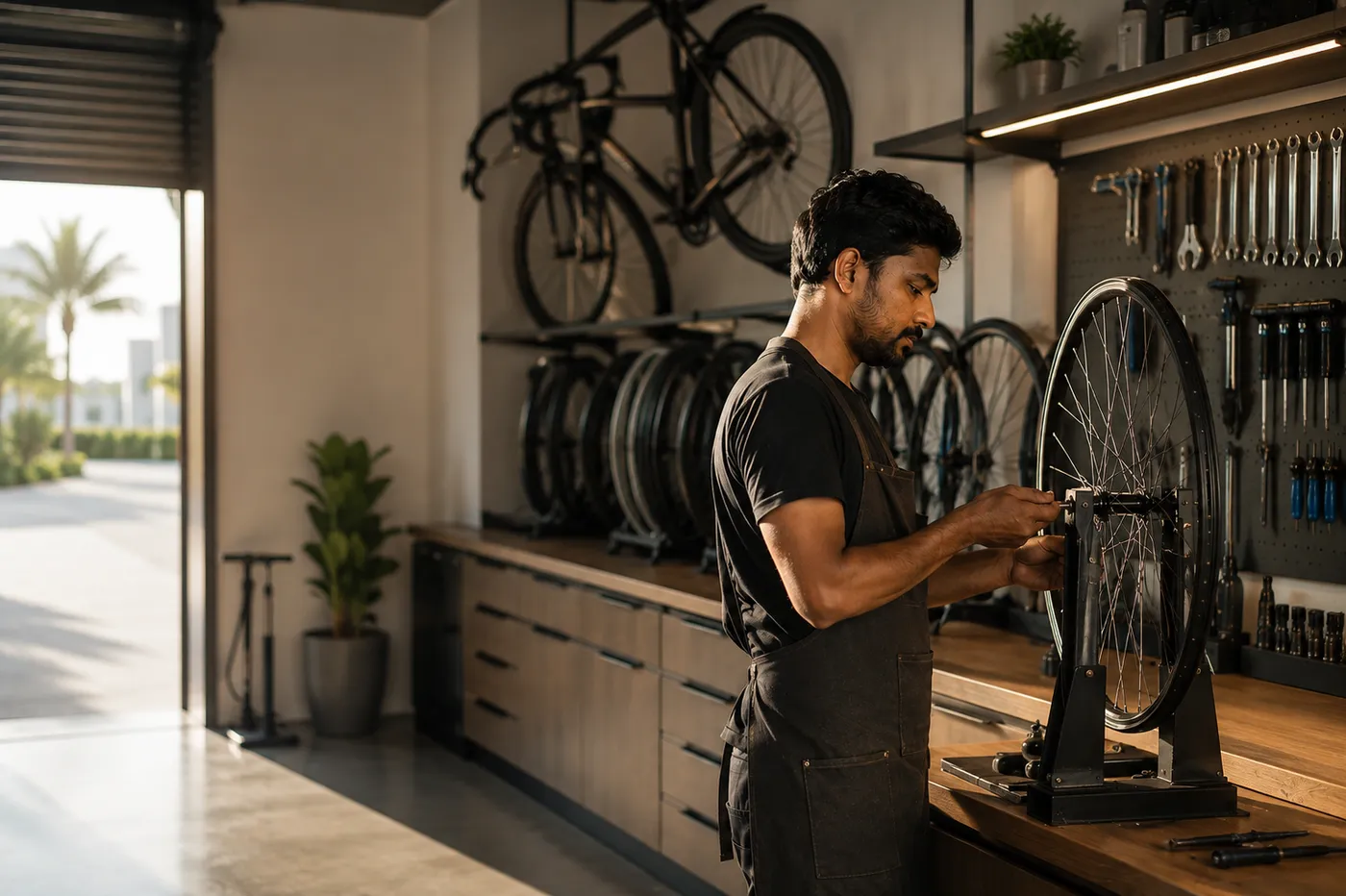 A mechanic truing a bicycle wheel in a workshop lined with bikes, wheels and hand tools